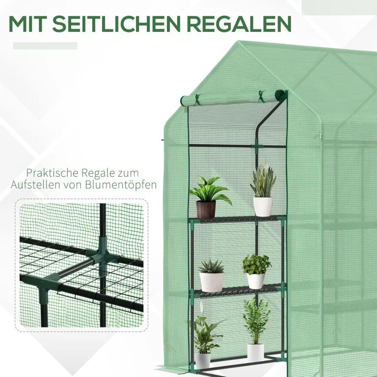 Outsunny Foliengewächshaus begehbares Gewächshaus mit 8 Regalebenen Tomatengewächshaus Treibhaus Frühbeet mit Tür Grün Stahl PE-Kunststoff 143 x 138 x 190 cm – Bild 5