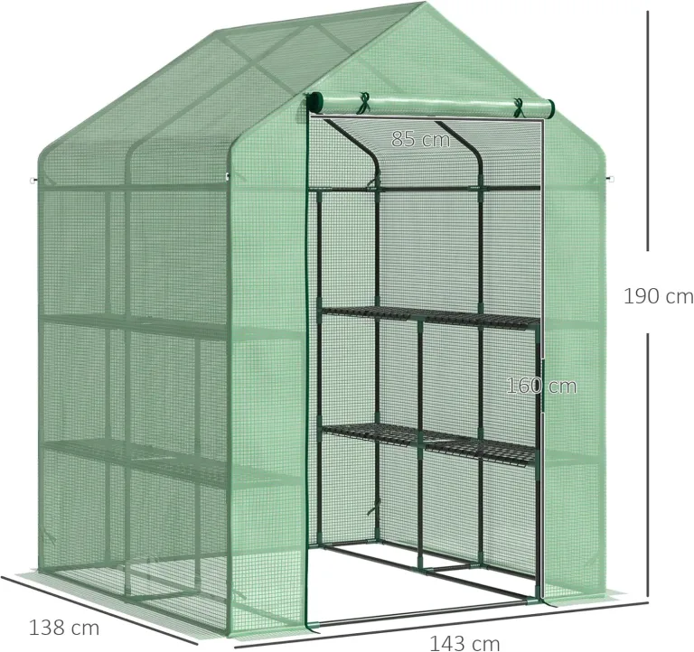 Outsunny Foliengewächshaus begehbares Gewächshaus mit 8 Regalebenen Tomatengewächshaus Treibhaus Frühbeet mit Tür Grün Stahl PE-Kunststoff 143 x 138 x 190 cm – Bild 7