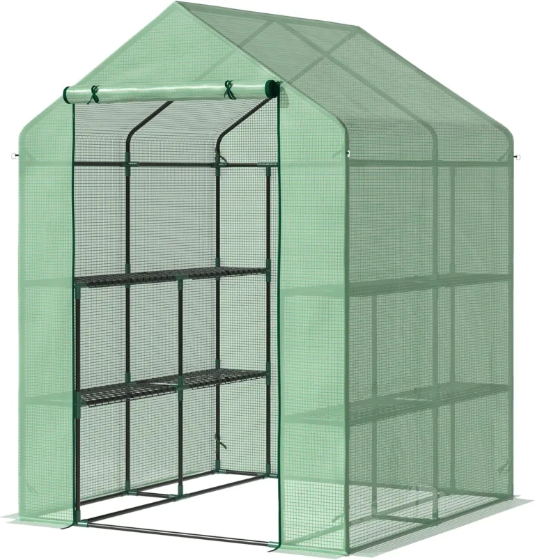 Outsunny Foliengewächshaus begehbares Gewächshaus mit 8 Regalebenen Tomatengewächshaus Treibhaus Frühbeet mit Tür Grün Stahl PE-Kunststoff 143 x 138 x 190 cm – Bild 1