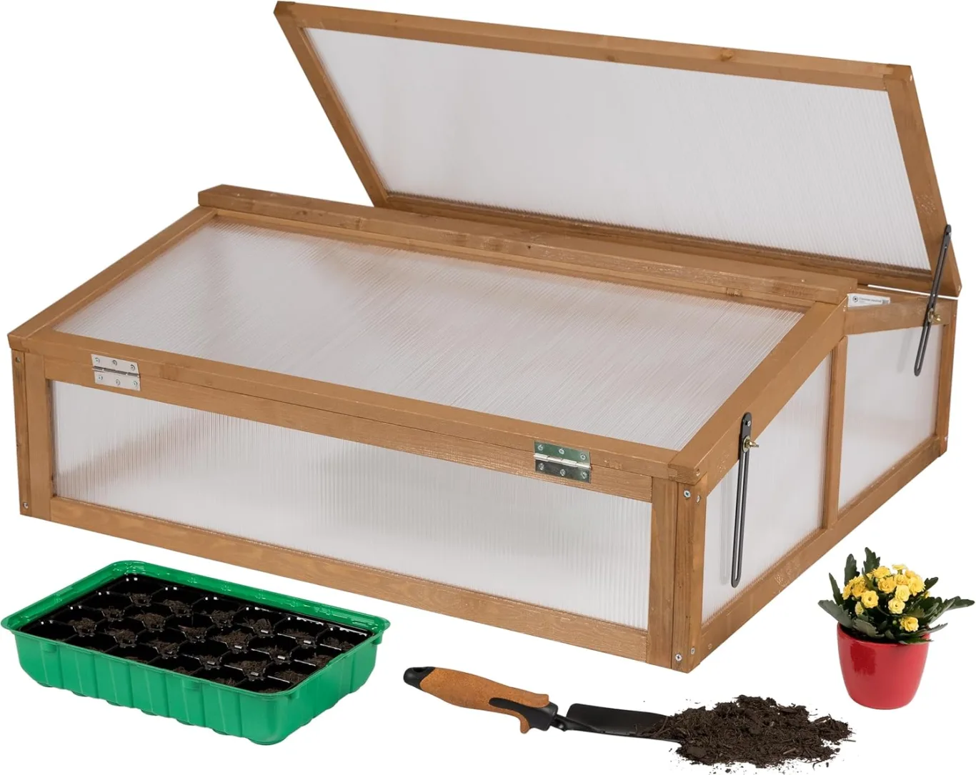 needs&wants® Frühbeet Aufsatz klein aus Holz Bausatz, Frühbeetkasten mit Abdeckung Gewächshaus mit Deckel wetterfest für Garten Balkon Outdoor, Polycarbonat, dunkel-braun - Bild 1
