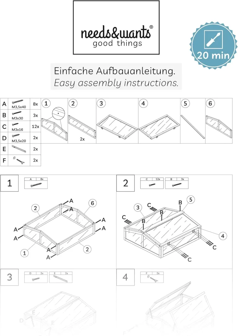 needs&wants® Frühbeet Aufsatz klein aus Holz Bausatz, Frühbeetkasten mit Abdeckung Gewächshaus mit Deckel wetterfest für Garten Balkon Outdoor, Polycarbonat, dunkel-braun – Bild 7