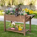 Outsunny Hochbeet Pflanzkasten mit 8 geteilten Gittern Faltbare Ablage Blumenkasten Blumentopf Kräuterbeet Massivholz Braun 123 x 54 x 80 cm - Thumbnail 2