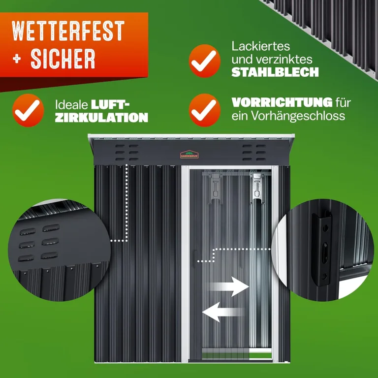 GARDEBRUK® Geräteschuppen 185x165x90cm 1,5m² Schiebetür 20kg Halter Handschuhe Belüftung rostfreies Metall Pultdach Anthrazit Gerätehaus Gartenhaus – Bild 4