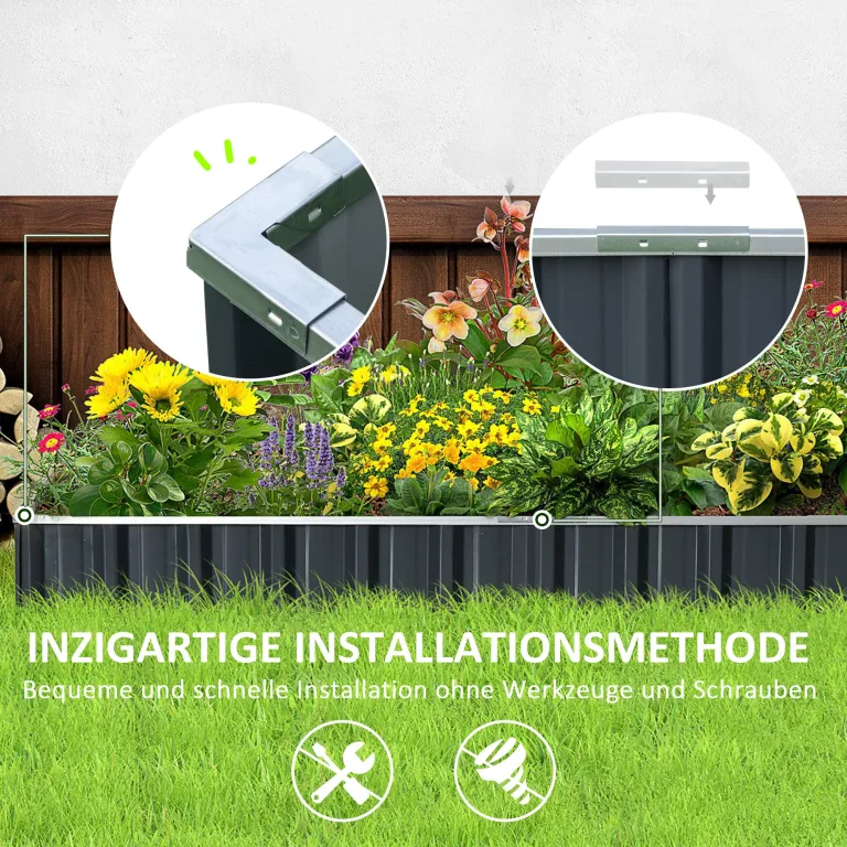Outsunny Hochbeet aus Stahl DIY Gartenbeet mit T-Form-Pflanzenschilder Handschuhe Pflanzenbeet Kräuterbeet Blumentreppe für Balkon Garten Dunkelgrau 258 x 90 x 30 cm – Bild 4