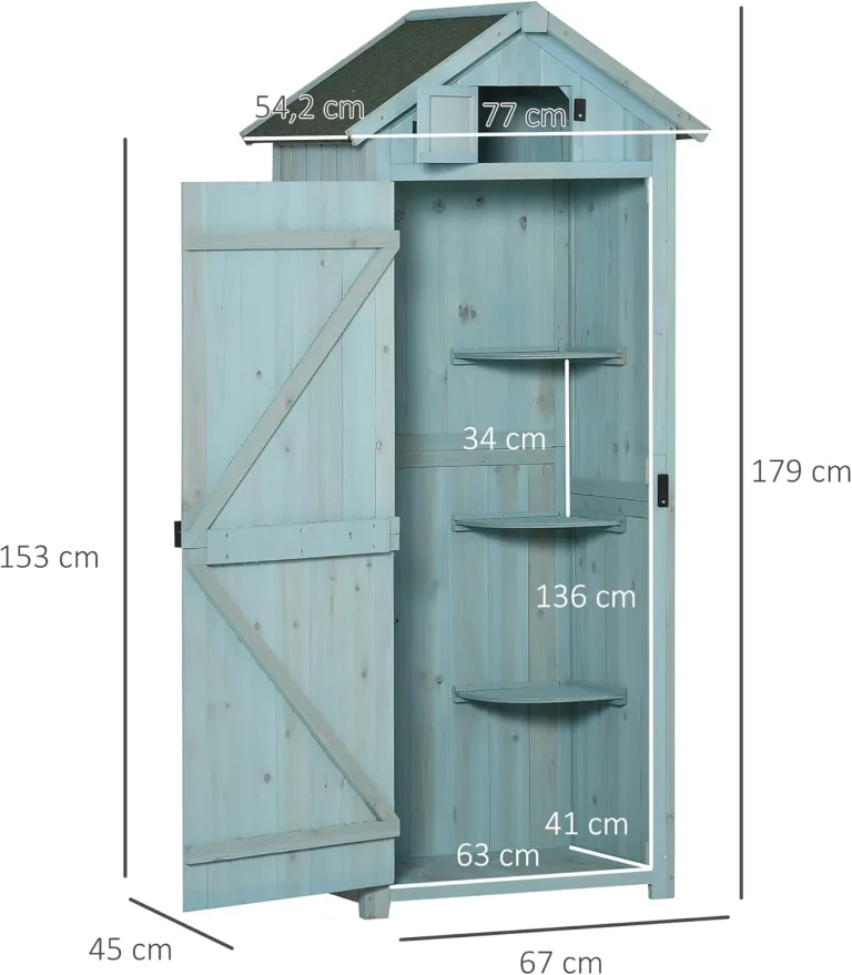 Outsunny Gartenschrank Holz, Geräteschuppen wetterfest 77x54,2x179cm, Gerätehaus mit Tür, Satteldach, Geräteschrank mit Böden, Werkzeugschrank Gartenschuppen für Garten, Terrasse, Hellblau+Grün – Bild 6