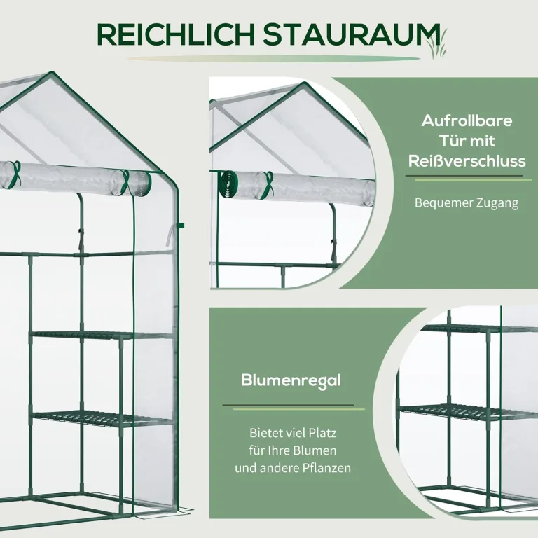 Outsunny Foliengewächshaus begehbares Gartenhäuschen Tomatengewächshaus Treibhaus Frühbeet mit 6 Regalen Transparent Stahl PVC-Kunststoff 142 x 73 x 195 cm – Bild 4