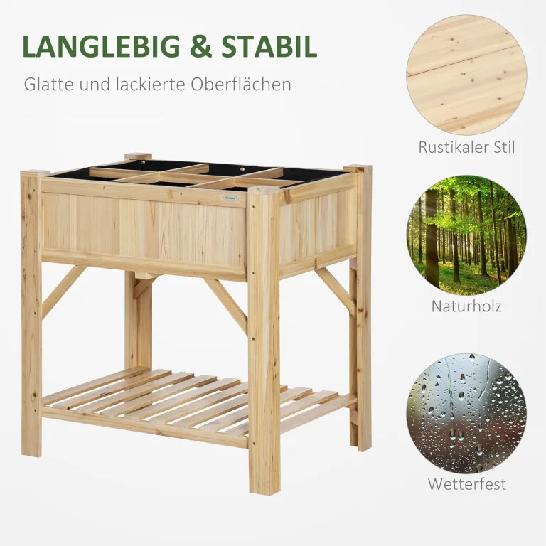 Outsunny Hochbeet Holz mit 6 getrennten Anbauflächen Pflanztisch Blumenkasten Vliesstoff Natur 78,5 x 58 x 81 cm – Bild 6