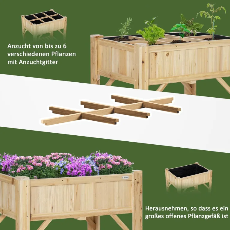 Outsunny Hochbeet Holz mit 6 getrennten Anbauflächen Pflanztisch Blumenkasten Vliesstoff Natur 78,5 x 58 x 81 cm – Bild 8