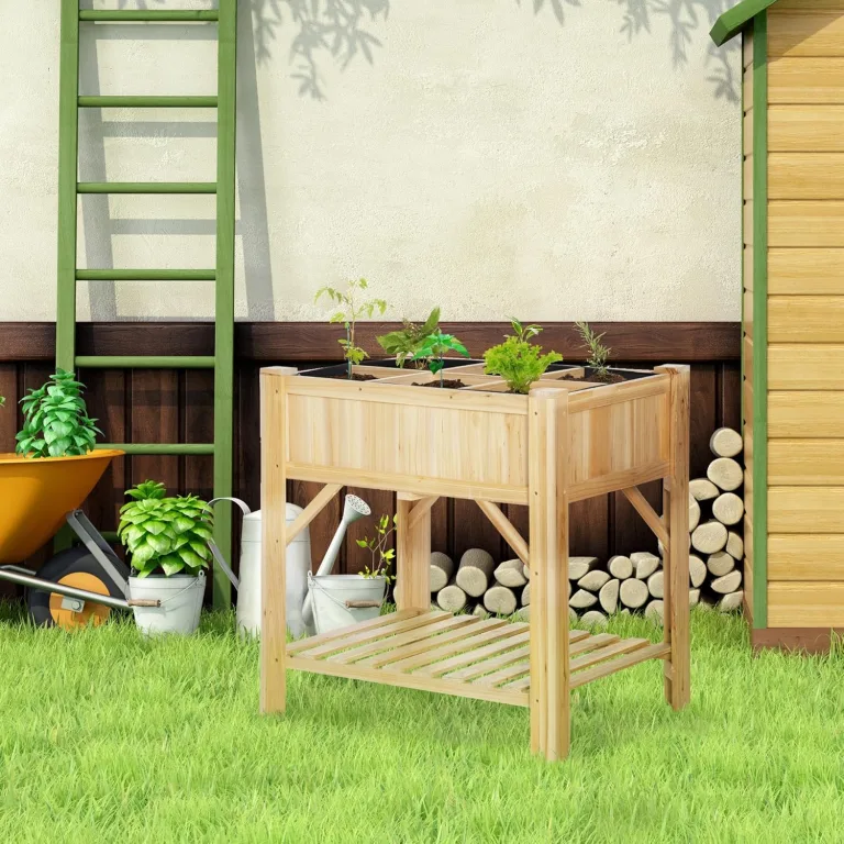 Outsunny Hochbeet Holz mit 6 getrennten Anbauflächen Pflanztisch Blumenkasten Vliesstoff Natur 78,5 x 58 x 81 cm – Bild 2