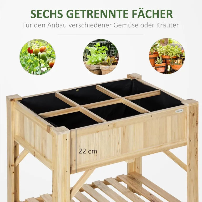 Outsunny Hochbeet Holz mit 6 getrennten Anbauflächen Pflanztisch Blumenkasten Vliesstoff Natur 78,5 x 58 x 81 cm – Bild 3