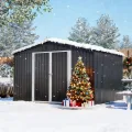 Thanaddo Gerätehaus Metall Groß Geräteschuppen 300x250x191 cm mit Fundamentrahmen, Wetterfest Gartenhaus mit Belüftungslöcher & Abschließbarer Tür, Gartenschuppen für Outdoor Garten, Schwarz - Thumbnail 2