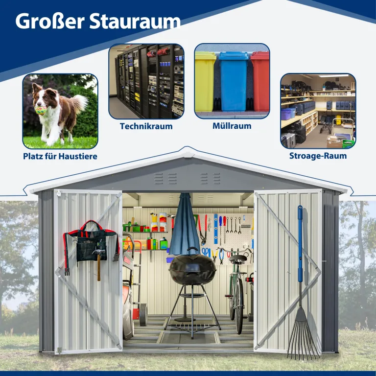 Thanaddo 8×10ft Gerätehaus Metall Groß Geräteschuppen 300x250x191 cm mit Fundamentrahmen, Gartenhaus Satteldach mit Belüftungslöcher & Abschließbarer Tür, Gartenschuppen für Outdoor Garten, Grau – Bild 8