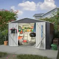 Thanaddo 8×10ft Gerätehaus Metall Groß Geräteschuppen 300x250x191 cm mit Fundamentrahmen, Gartenhaus Satteldach mit Belüftungslöcher & Abschließbarer Tür, Gartenschuppen für Outdoor Garten, Grau - Thumbnail 10