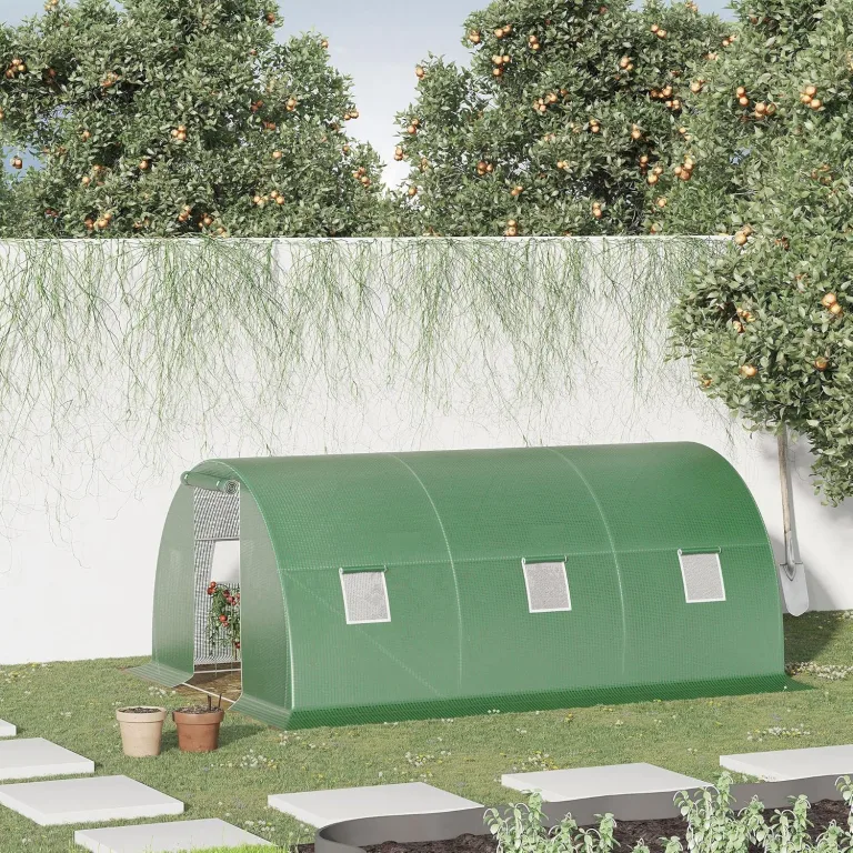 Outsunny Foliengewächshaus begehbares Polytunnel 4,5 x 3 m Gewächshaus mit 6 Fenster Treibhaus Frostschutz Stahlrohr Dunkelgrün – Bild 3