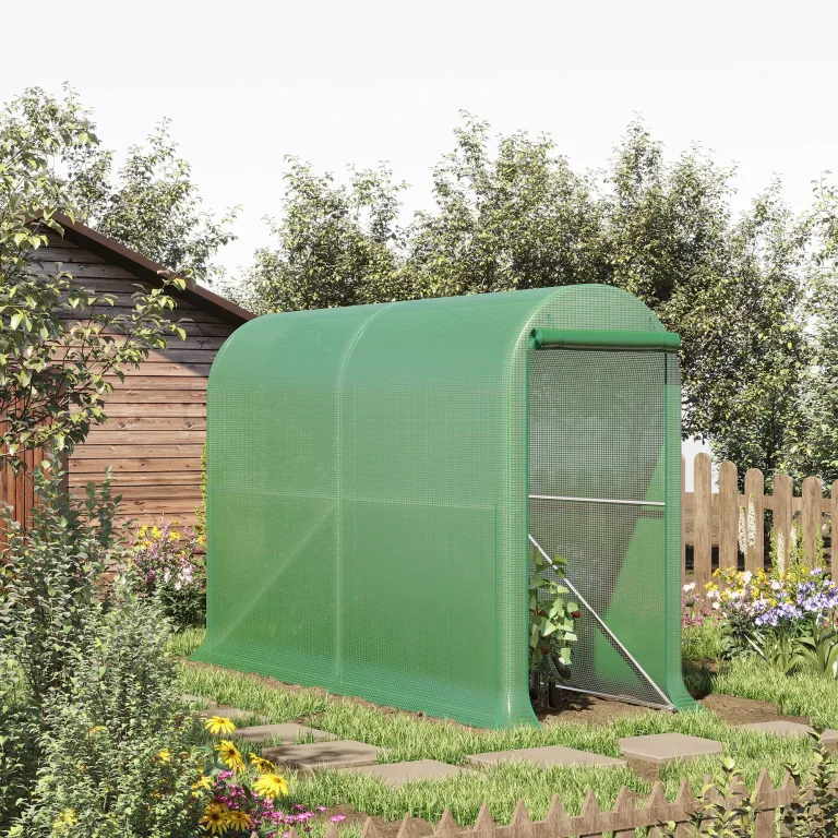 Outsunny Gartengewächshaus, 3 m², Tomatengewächshaus, Maße: 3 x 1 x 2 m (L x B x H), Tür mit Reißverschluss, aufrollbar, 2 Seiten aufrollbar, Polyethylen, hohe Dichte, Grün – Bild 2