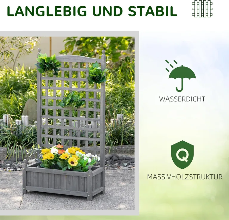 Outsunny Hochbeet Pflanzkasten mit Rankgitter Blumenkasten Rankkasten Rosenbogen mit Rankhilfe für Kletterpflanzen Garten Holz Grau 64 x 28 x 120 cm – Bild 5