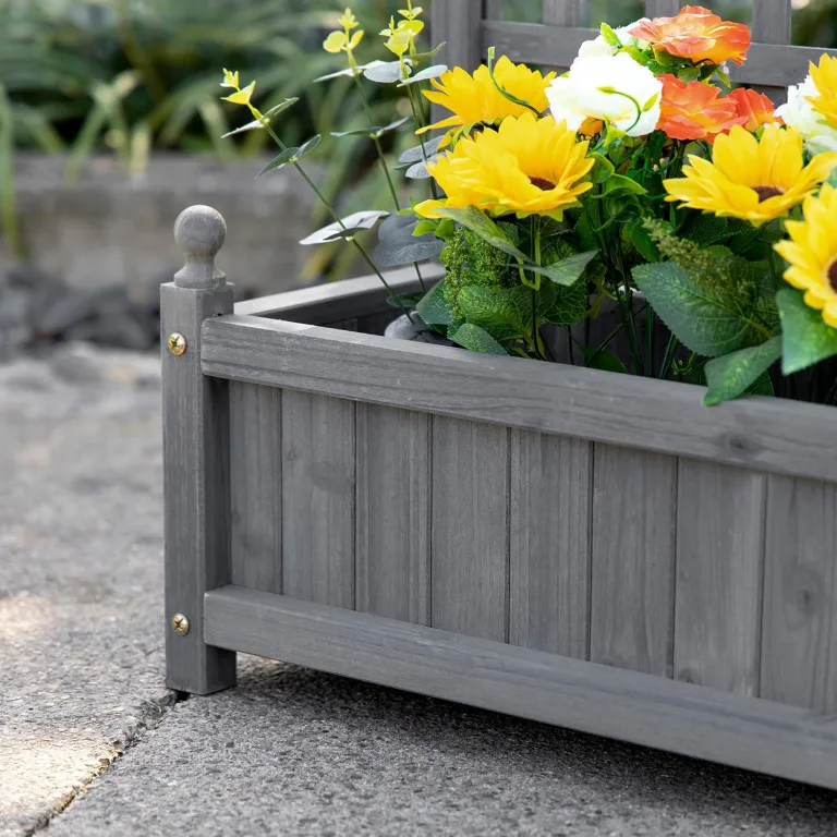 Outsunny Hochbeet Pflanzkasten mit Rankgitter Blumenkasten Rankkasten Rosenbogen mit Rankhilfe für Kletterpflanzen Garten Holz Grau 64 x 28 x 120 cm – Bild 6