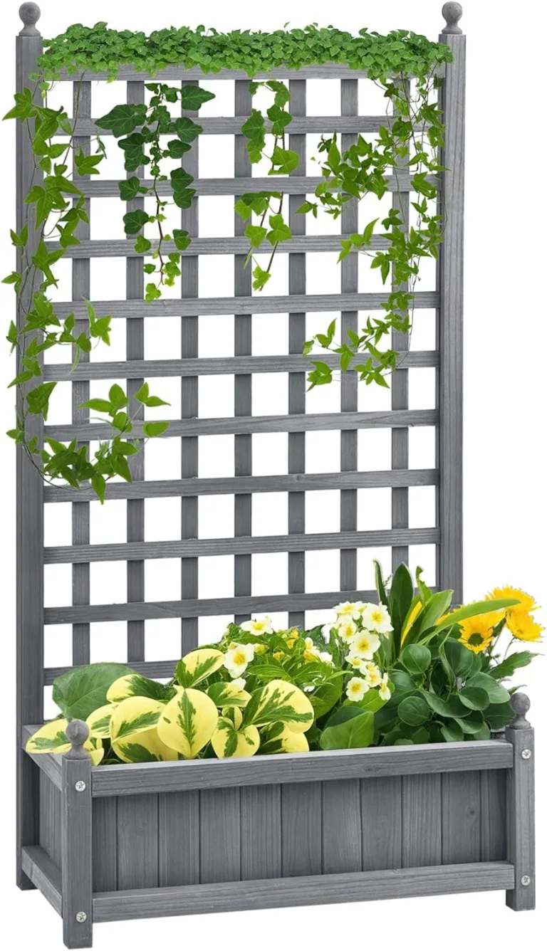 Outsunny Hochbeet Pflanzkasten mit Rankgitter Blumenkasten Rankkasten Rosenbogen mit Rankhilfe für Kletterpflanzen Garten Holz Grau 64 x 28 x 120 cm – Bild 1
