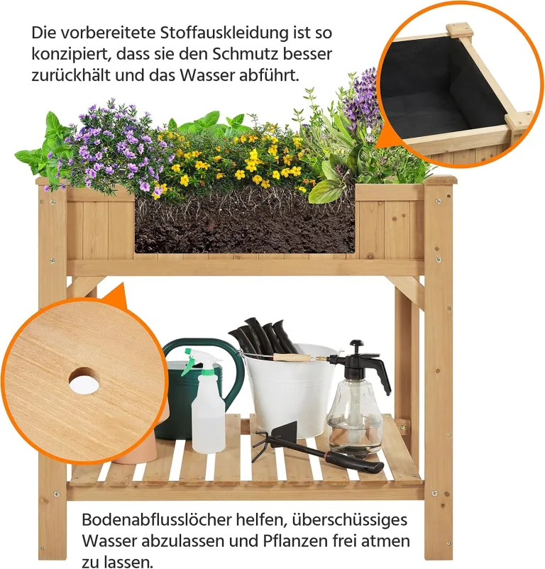 Yaheetech Hochbeet aus Holz Blumenkasten mit Ablagefach und Entwässerungslöchern, Frühbeet Bausatz für Gemüse/Kräuter/Blumen, Pflanzkasten, wetterfest, Hellbraun – Bild 6