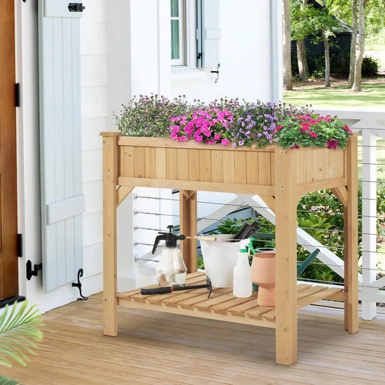 Yaheetech Hochbeet aus Holz Blumenkasten mit Ablagefach und Entwässerungslöchern, Frühbeet Bausatz für Gemüse/Kräuter/Blumen, Pflanzkasten, wetterfest, Hellbraun – Bild 3