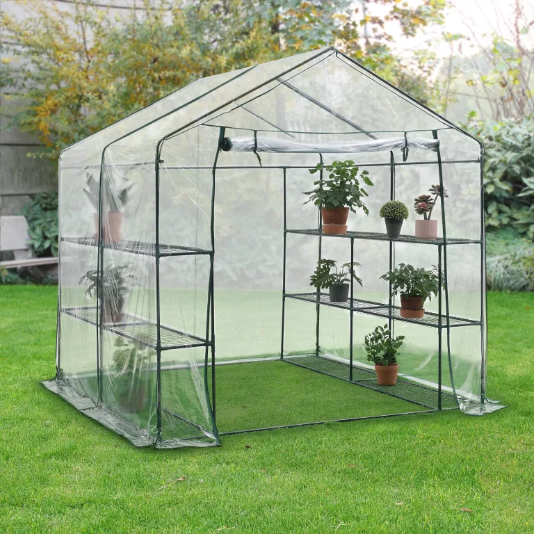 [en.casa] Gewächshaus Grünau mit Ablagen 200 x 200 x 220 cm Foliengewächshaus mit aufrollbarer Tür Pflanzhaus Treibhaus Stahlrahmen Transparent – Bild 2