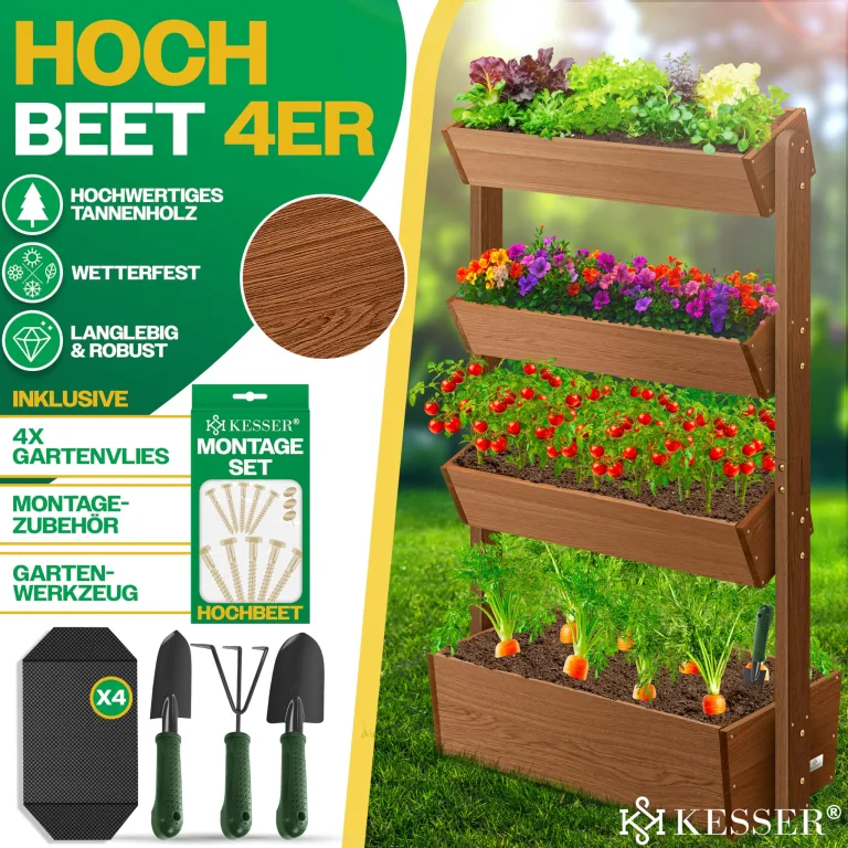 KESSER® Hochbeet mit 4 Etagen Premium Blumenkasten Blumentreppe Pflanztreppe Gemüsebeet Kräuterbeet Pflanzkübel Frühbeet Blumenbeet Pflanzkasten mit Gartenvlies - Beet inkl. Schaufelset, Braun – Bild 2
