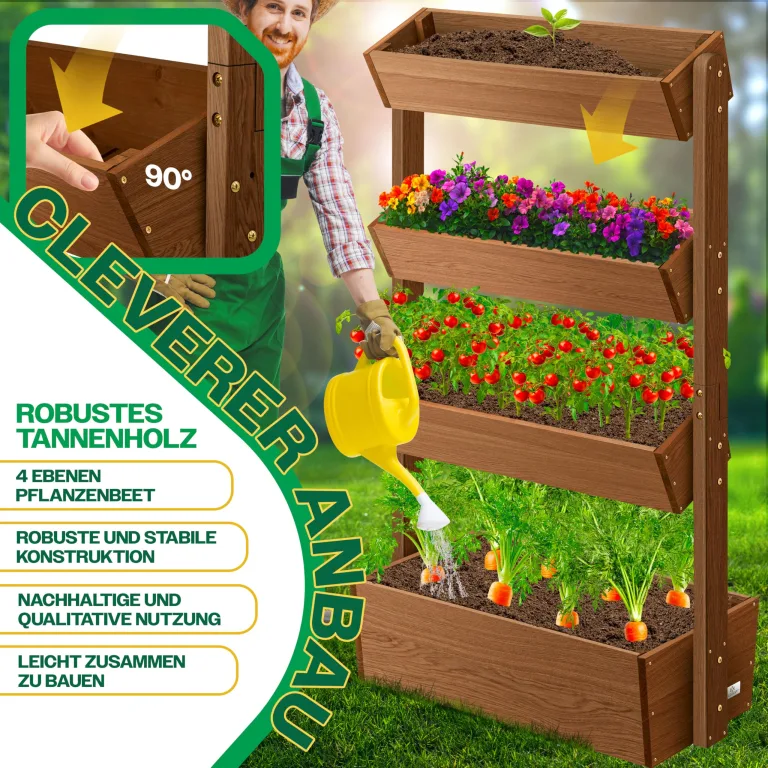 KESSER® Hochbeet mit 4 Etagen Premium Blumenkasten Blumentreppe Pflanztreppe Gemüsebeet Kräuterbeet Pflanzkübel Frühbeet Blumenbeet Pflanzkasten mit Gartenvlies - Beet inkl. Schaufelset, Braun – Bild 6