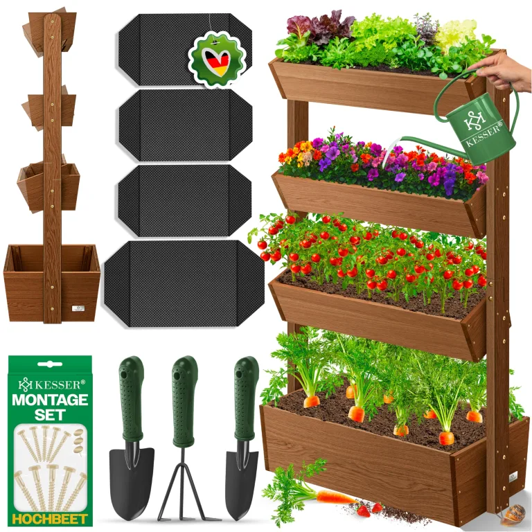 KESSER® Hochbeet mit 4 Etagen Premium Blumenkasten Blumentreppe Pflanztreppe Gemüsebeet Kräuterbeet Pflanzkübel Frühbeet Blumenbeet Pflanzkasten mit Gartenvlies - Beet inkl. Schaufelset, Braun – Bild 1