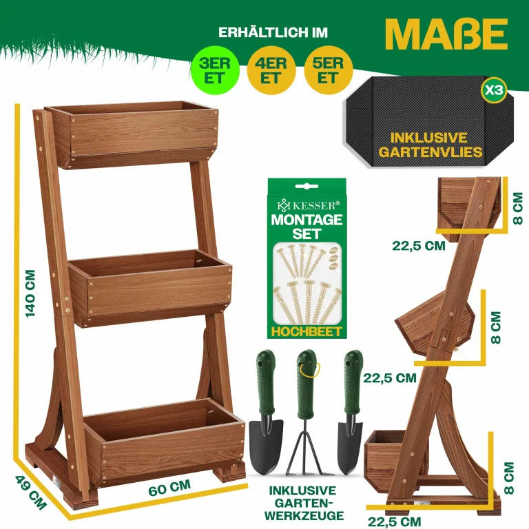KESSER® Hochbeet mit 3 Etagen Premium Blumenkasten Blumentreppe Pflanztreppe Gemüsebeet Kräuterbeet Pflanzkübel Frühbeet Blumenbeet Pflanzkasten mit Gartenvlies - Beet inkl. Schaufelset, Braun – Bild 4