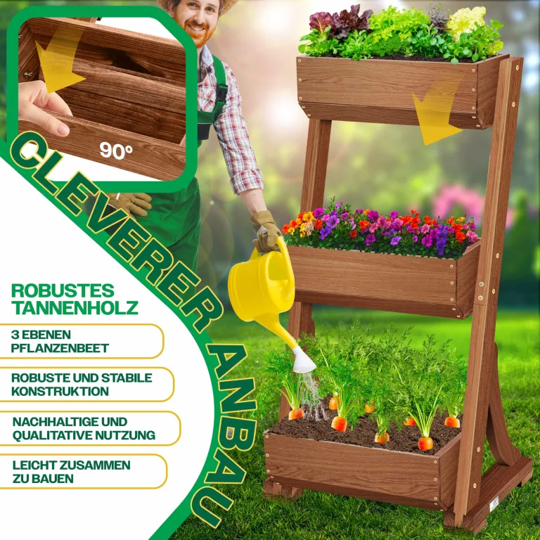 KESSER® Hochbeet mit 3 Etagen Premium Blumenkasten Blumentreppe Pflanztreppe Gemüsebeet Kräuterbeet Pflanzkübel Frühbeet Blumenbeet Pflanzkasten mit Gartenvlies - Beet inkl. Schaufelset, Braun – Bild 5