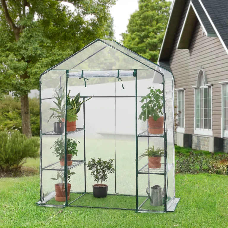 [en.casa] Gewächshaus Hoorn Tomatengewächshaus 140 x 73 x 195 cm Foliengewächshaus mit Ablagen Satteldach Treibhaus mit aufrollbarer Tür Stahlrahmen Transparent – Bild 2