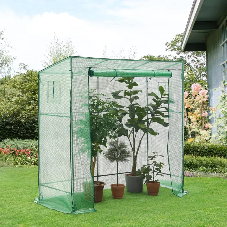 [en.casa] Gewächshaus 'Vlaardingen' Tomatengewächshaus 198 x 78 x 200 cm Foliengewächshaus mit Pultdach Treibhaus mit aufrollbarer Tür und 2 seitlichen Fenstern Stahlrahmen Grün – Bild 2