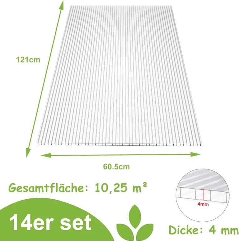 14er Polycarbonat Doppelstegplatte Hohlkammerstegplatten 605x1210x4mm Gesamtfläche 10,25 m² Stegplatte Gewächshausplatte inkl.50 Klammern & 50 Z-Clips – Bild 2