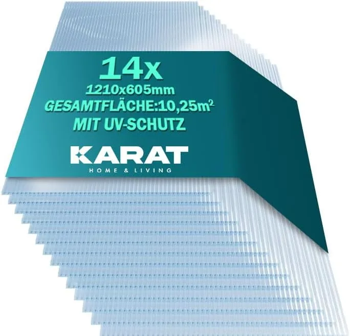 KARAT 10,25 m², Transparent 4 mm, Gewächshaus Stegplatten mit hoher Formbarkeit - 14 Stück - 60,5 x 121 cm - Hohlkammerplatten Doppelstegplatten aus Polycarbonat
