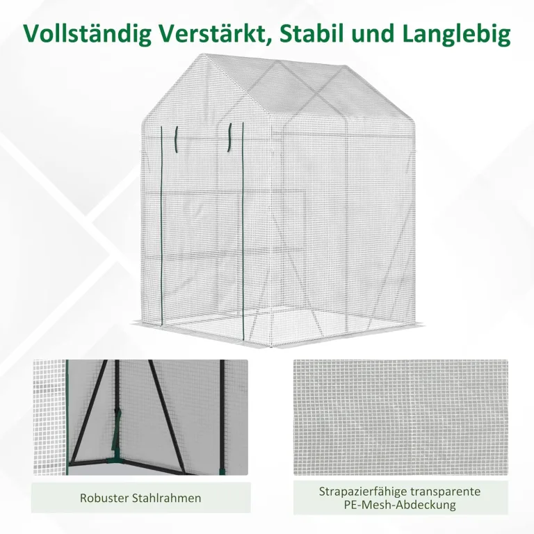 Outsunny Foliengewächshaus begehbares Gewächshaus mit 4 Regalebenen Tomatengewächshaus Treibhaus Frühbeet mit Reißverschlusstüren Weiß Stahl PE-Kunststoff 143 x 143 x 195 cm – Bild 5