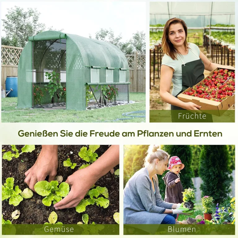 Outsunny Foliengewächshaus, 2,95 x 2 x 2 m Tunnel-Gewächshaus, Treibhaus mit aufrollbarem Fenster, UV-Schutz, Winddichtes Tomatenhaus, für Garten, Balkon, Stahl, Grün – Bild 7