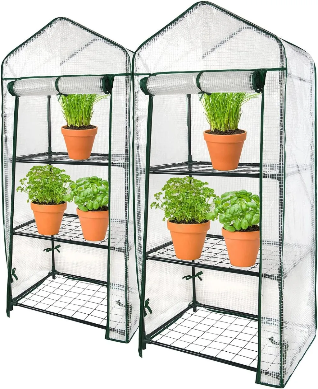 Royal Gardineer Gewächshaus Regale: 2er-Set Folien-Gewächshäuser, 3 Etagen, Aufroll-Tür, 59x126x39cm, weiß (Pflanzenregal, Foliengewächshaus Tomaten, Insektenschutz)