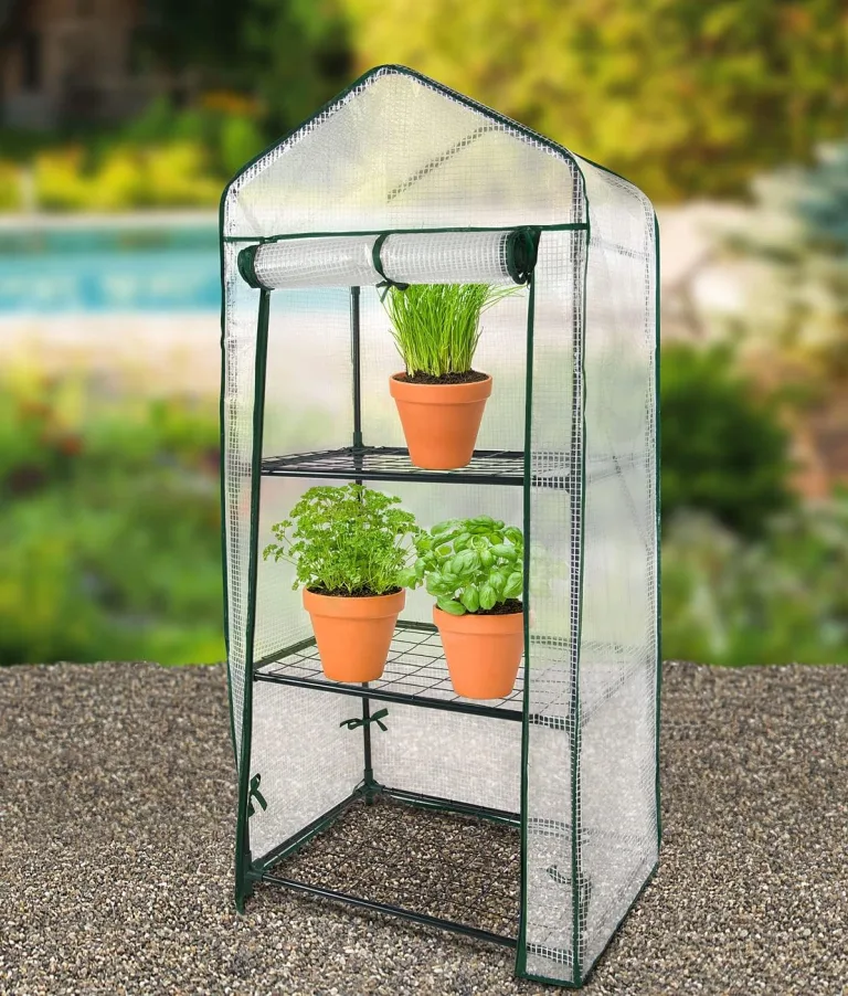 Royal Gardineer Gewächshaus Regale: 2er-Set Folien-Gewächshäuser, 3 Etagen, Aufroll-Tür, 59x126x39cm, weiß (Pflanzenregal, Foliengewächshaus Tomaten, Insektenschutz) – Bild 4