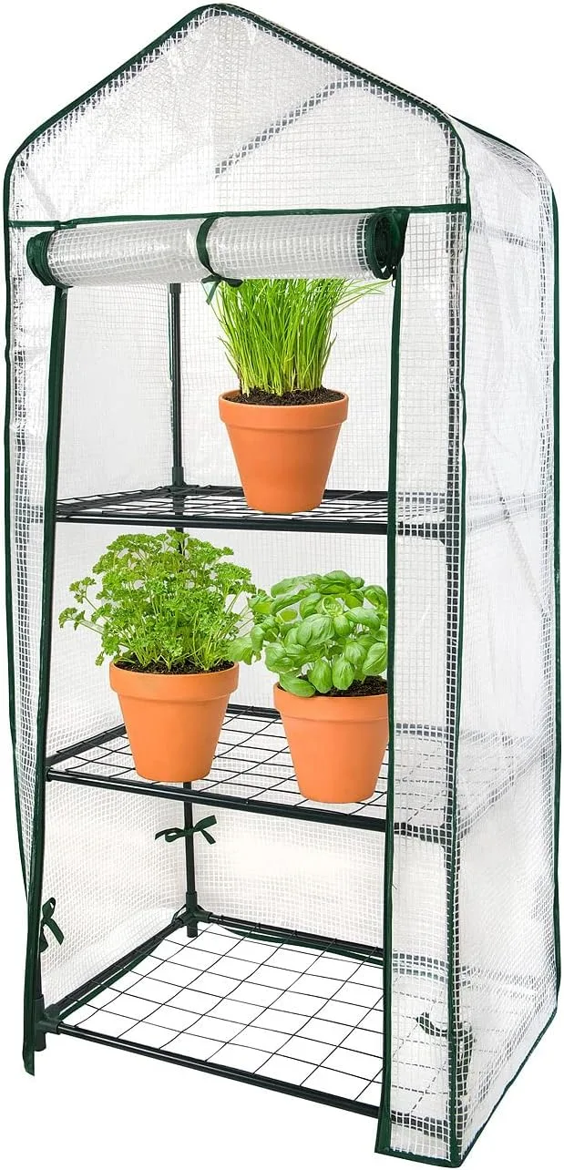 Royal Gardineer Gewächshaus Regale: 2er-Set Folien-Gewächshäuser, 3 Etagen, Aufroll-Tür, 59x126x39cm, weiß (Pflanzenregal, Foliengewächshaus Tomaten, Insektenschutz) – Bild 7