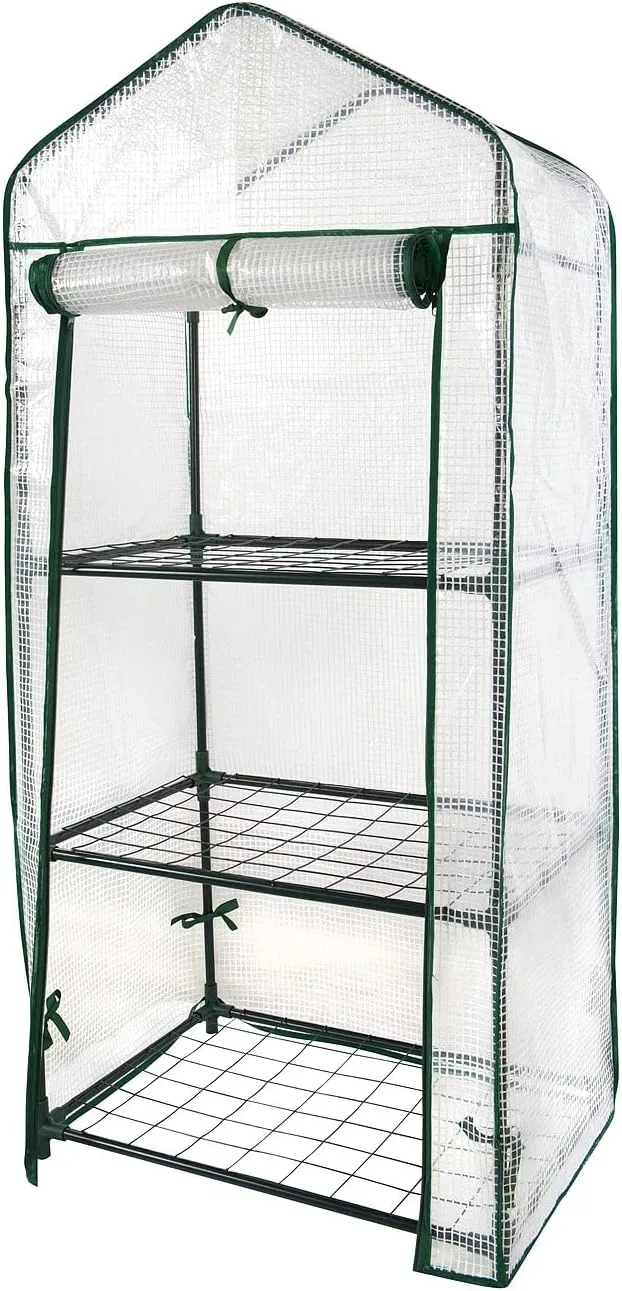 Royal Gardineer Gewächshaus Regale: 2er-Set Folien-Gewächshäuser, 3 Etagen, Aufroll-Tür, 59x126x39cm, weiß (Pflanzenregal, Foliengewächshaus Tomaten, Insektenschutz) – Bild 8