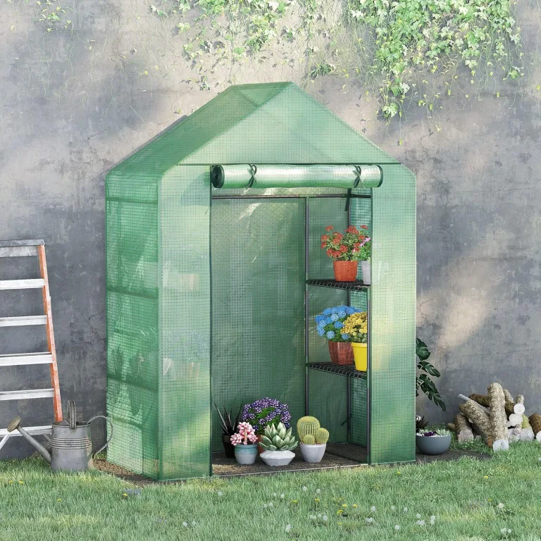 Outsunny Foliengewächshaus Gewächshaus mit 6 Regalebenen begehbares Gartenhäuschen Treibhaus Tomatenhaus Pflanzenhaus mit aufrollbarem Eingang Frühbeet Grün 141 x 72 x 191 cm – Bild 2