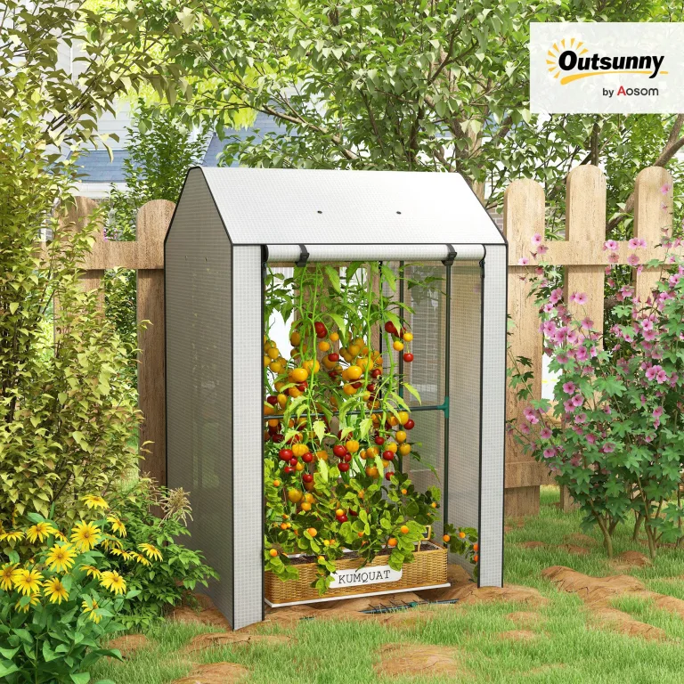 Outsunny Mini-Gewächshaus mit 4 Drahtregalen, tragbares Tomatengewächshaus, verbessertes Garten-Wachstumshaus für Pflanzen mit aufrollbarer Tür und Lüftungsschlitzen, 100 x 80 x 150 cm, Weiß – Bild 2