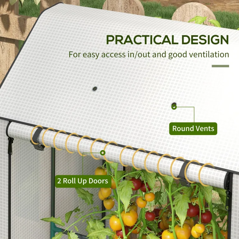 Outsunny Mini-Gewächshaus mit 4 Drahtregalen, tragbares Tomatengewächshaus, verbessertes Garten-Wachstumshaus für Pflanzen mit aufrollbarer Tür und Lüftungsschlitzen, 100 x 80 x 150 cm, Weiß – Bild 4