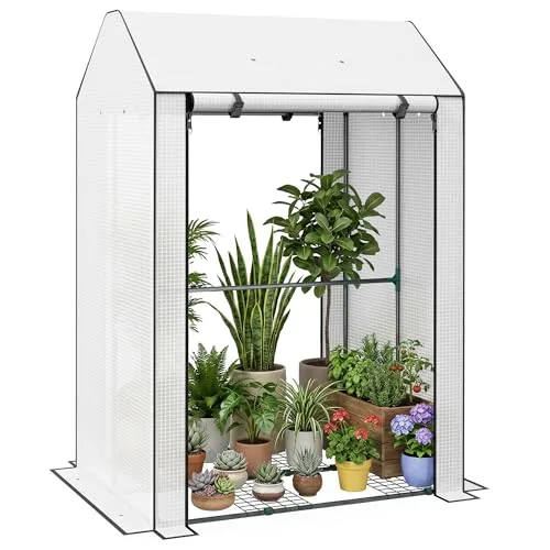 Outsunny Mini-Gewächshaus mit 4 Drahtregalen, tragbares Tomatengewächshaus, verbessertes Garten-Wachstumshaus für Pflanzen mit aufrollbarer Tür und Lüftungsschlitzen, 100 x 80 x 150 cm, Weiß – Bild 10