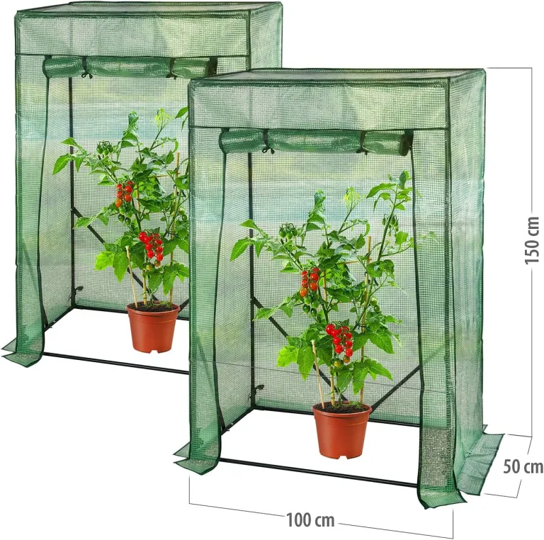 Royal Gardineer Foliengewächshaus: 2er-Set Tomaten-Folien-Gewächshäuser, Aufroll-Tür, 100x50x150 cm, grün (Gewächshaus Regal, Tomaten Gewächshaus Balkon, Abdeckhaube) – Bild 3