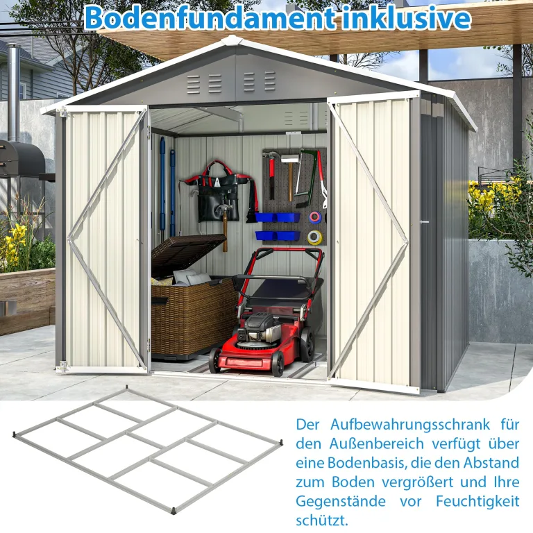 Thanaddo 8×6ft Gerätehaus Metall Groß Geräteschuppen 240x192x191 cm mit Fundamentrahmen, Wetterfest Gartenhaus mit Satteldach & Abschließbarer Tür, Gartenschuppen für Outdoor Garten Hinterhof, Grau – Bild 4