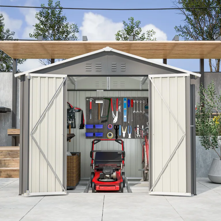 Thanaddo 8×6ft Gerätehaus Metall Groß Geräteschuppen 240x192x191 cm mit Fundamentrahmen, Wetterfest Gartenhaus mit Satteldach & Abschließbarer Tür, Gartenschuppen für Outdoor Garten Hinterhof, Grau – Bild 8