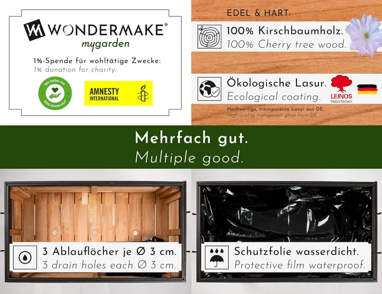 Großes Hochbeet aus Kirschbaum Holz für Garten Balkon Terrasse, Pflanzkasten Bausatz XL hochwertig rechteckig mit Innen-Folie, Kräuterbeet Pflanzenkasten deko, dunkel-braun schwarz – Bild 3