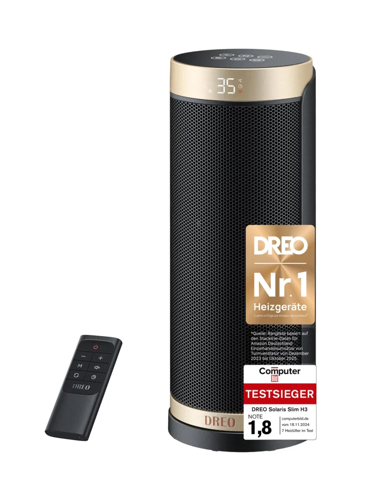 Dreo Heizlüfter Energiesparend, PTC Keramik Heizlüfte Leise, 70° Oszillierend Elektroheizung mit Fernbedienung, 12-Std-Timer, 3 Modus 3 Geschwindigkeit, Überhitzungs-Kippschutz, Solaris Slim H3 – Bild 1