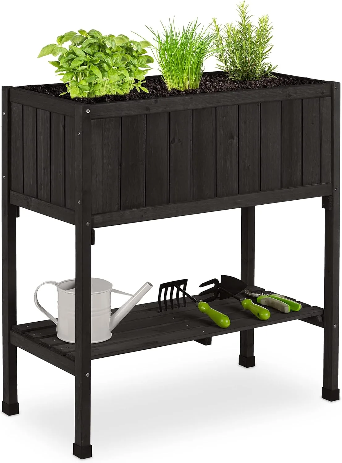 Relaxdays Hochbeet, Folie, Ablage, HxBxT: 80 x 74 x 38 cm, Garten, Balkon & Terrasse, Pflanztisch, Tannenholz, schwarz - Bild 1